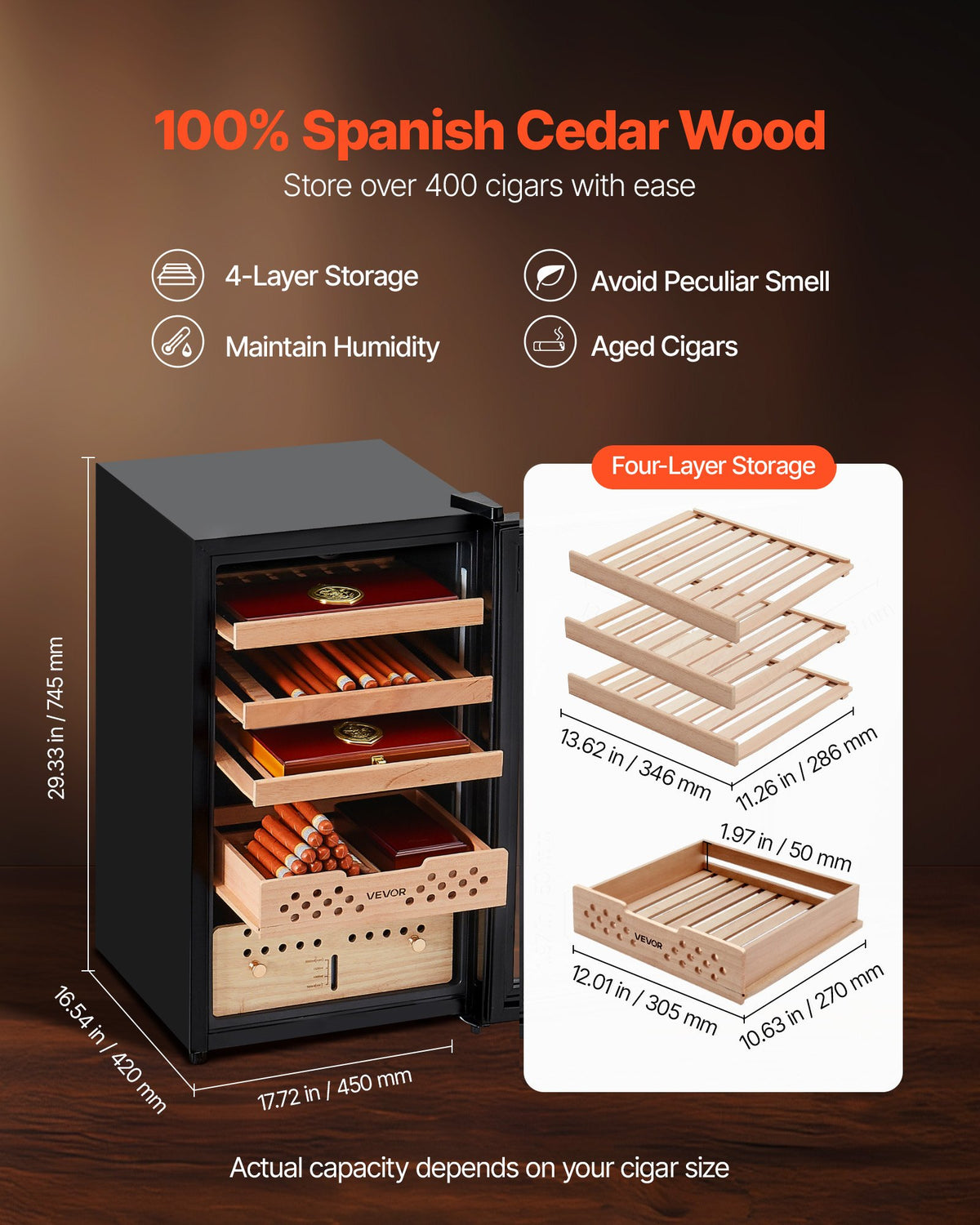 Humidor, 70L, 400 Counts Electric Cigar Humidor Cabinet